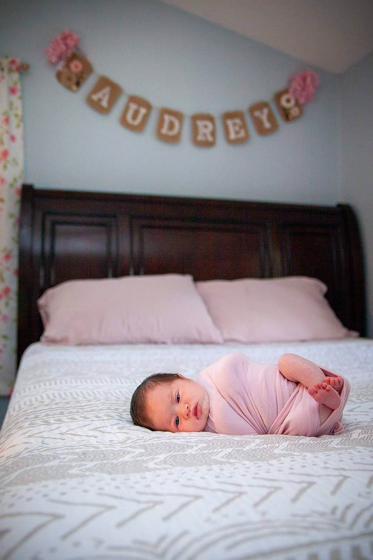 Audrey joined the competition — help win amazing prizes! baby, bed, bed_sheet, bedding, bedroom, bedtime, child, comfort, finger, furniture, linens, mattress, person, photograph, photography, pillow, pink, product, room, textile