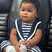 Nazly C. Aguilar joined the competition — help win amazing prizes! baby, bow, bracelet, child, comfortable, cute, expression, fashion, headband, indoors, leather_chair, navy, person, portrait, sitting, sock, striped_clothing, toddler, white, young_child