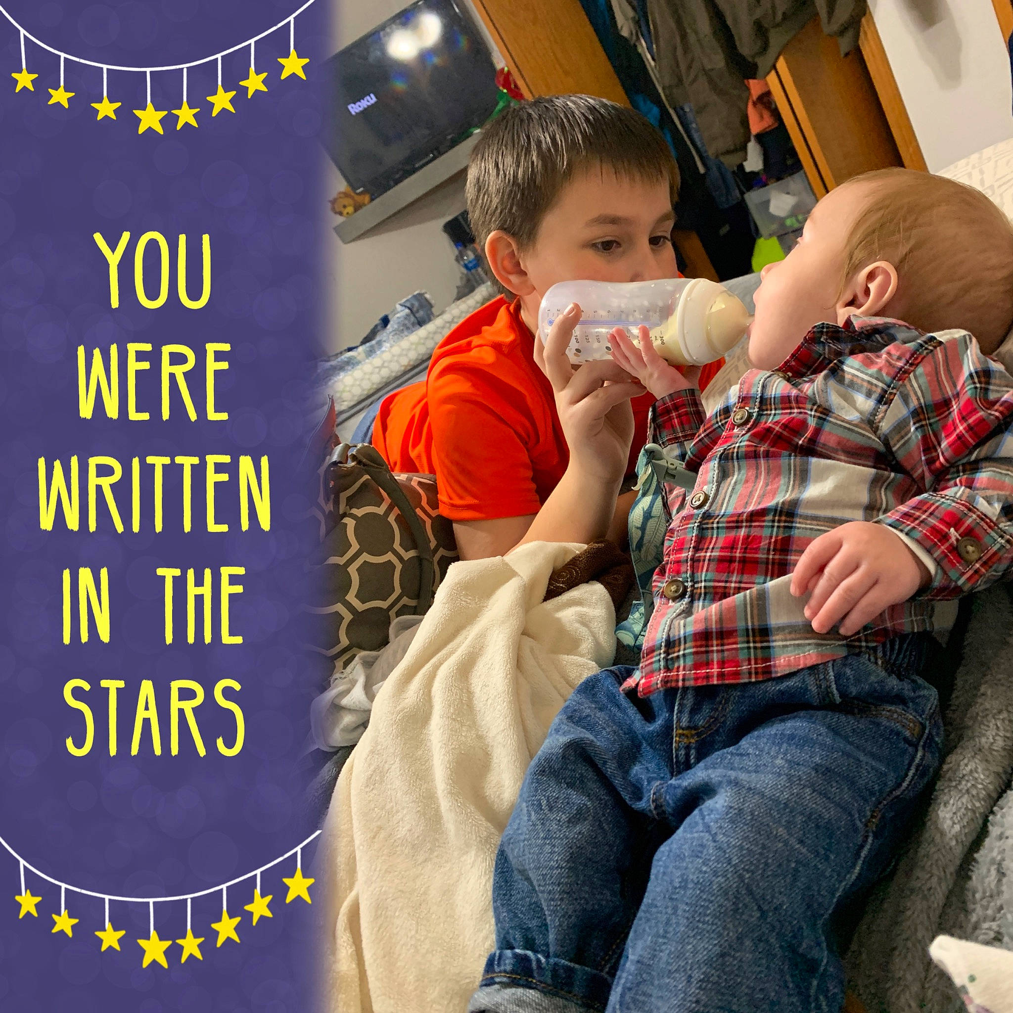 Bryce joined the competition — help win amazing prizes! child, comfort, event, facial_expression, font, fun, happy, human, interaction, jeans, lap, person, photo_caption, plaid, product, sharing, snapshot, t_shirt, tartan, toddler