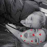 Baby joined the competition — help win amazing prizes! child, woman, car, black_and_white, selfie, face, hearts_filter, tongue_out, playful, seat, jacket, hair, smile, head, person, seatbelt, window, casual, portrait, toddler