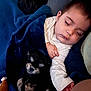 baby, sleeping, puppy, dog, blanket, cozy, cuddle, child, indoor, rest, cute, peaceful, nap, comfort, soft, blue, fur, hand, nap_time, relaxation