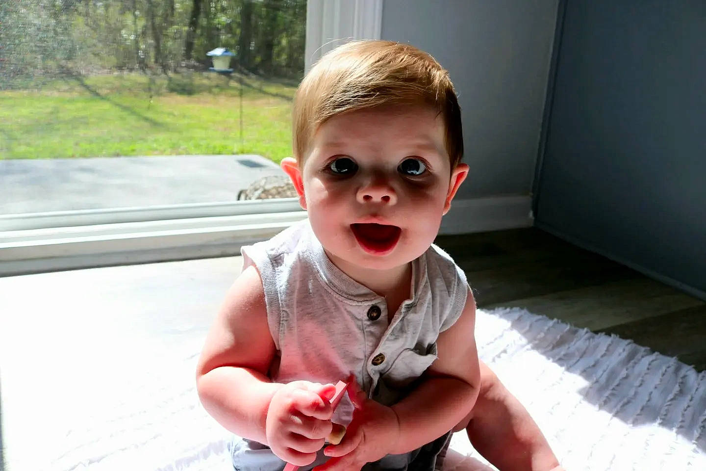 Barrett joined the competition — help win amazing prizes! arm, baby, baby_toddler_clothing, child, eyelash, finger, fun, gesture, grass, hand, happy, lip, mouth, nose, person, plant, sitting, thumb, toddler, tree