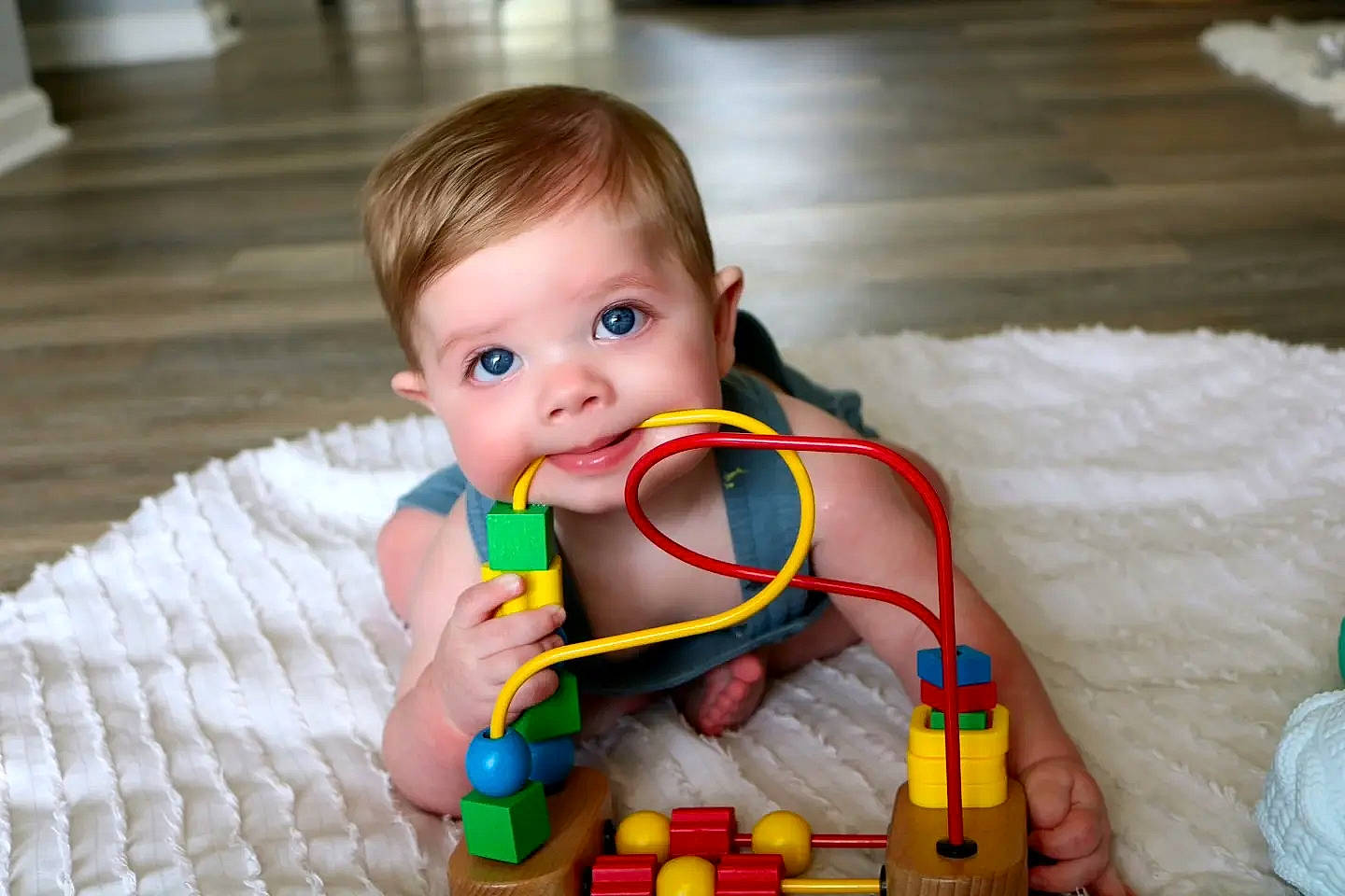 Barrett joined the competition — help win amazing prizes! baby, baby_playing_with_toys, baby_toddler_clothing, cheek, child, flooring, fun, happy, hardwood, iris, nose, person, plastic, play, room, sitting, skin, toddler, toy, wood