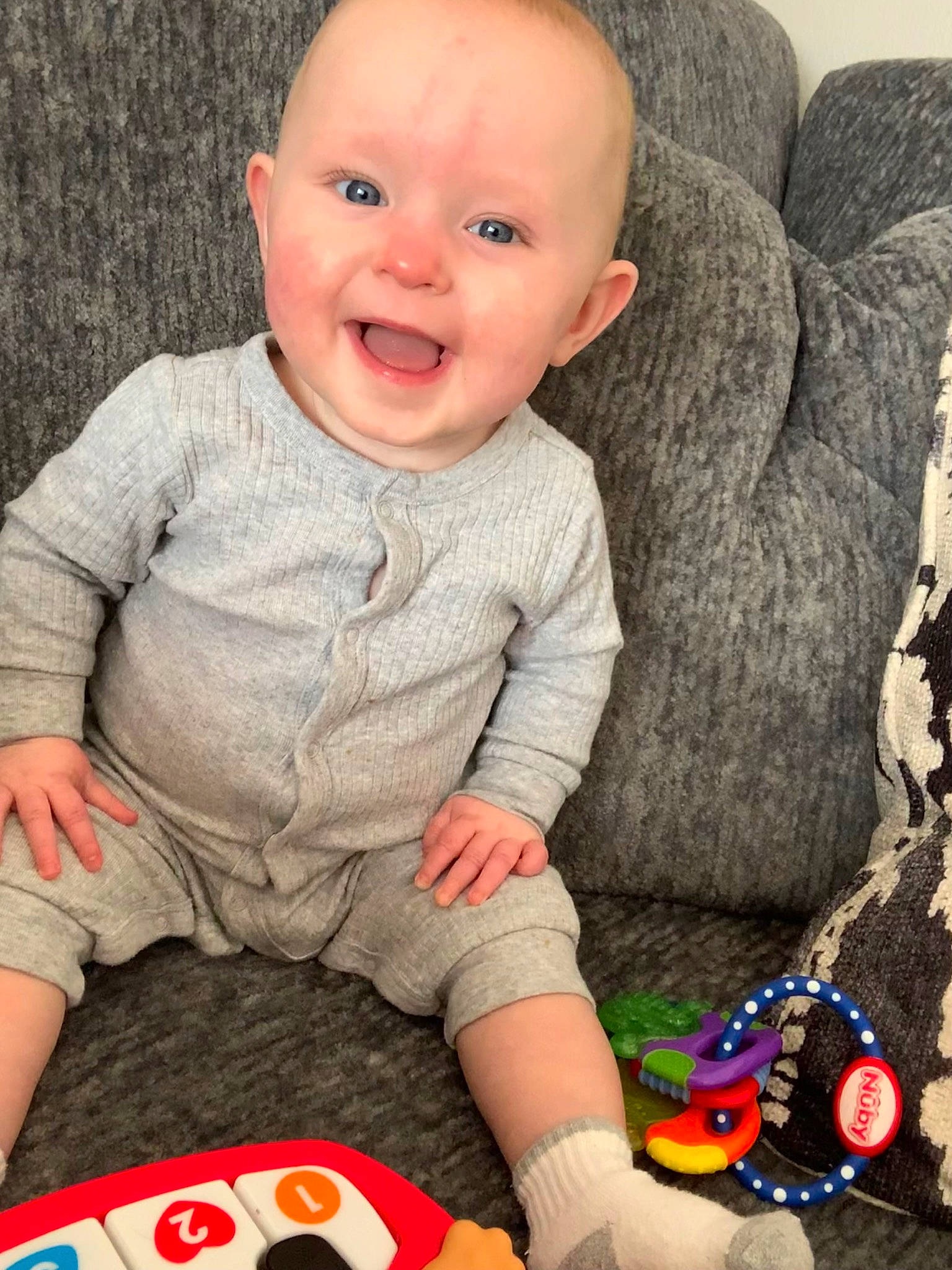 Oaklynn joined the competition — help win amazing prizes! arm, baby, baby_toddler_clothing, cheek, child, comfort, facial_expression, finger, happy, joy, nose, people, person, photograph, product, red, skin, sleeve, smile, t_shirt