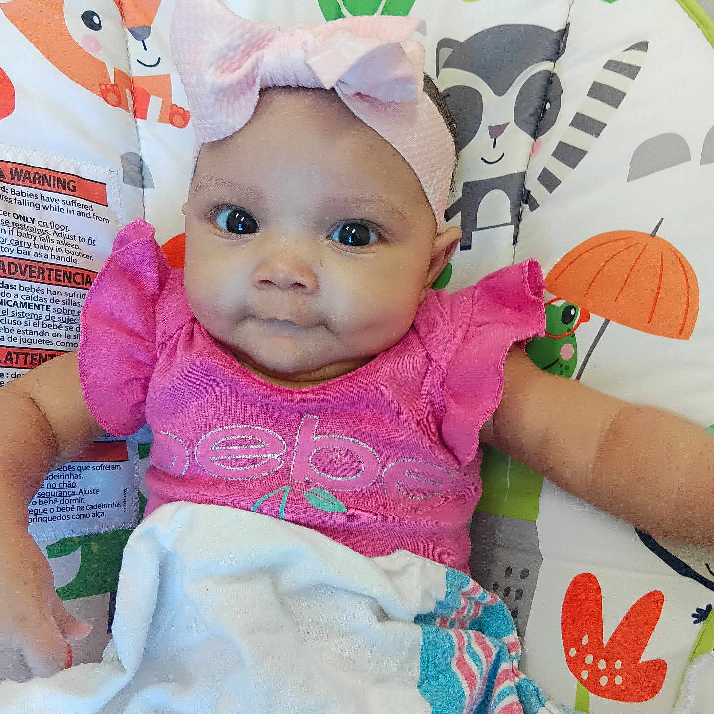 Dream joined the competition — help win amazing prizes! baby, pink_bow, headband, pink_shirt, blanket, baby_seat, animal_pattern, flower_pattern, smile, face, child, infant, cute, indoors, colorful, soft_texture, clothing, person, portrait, happy