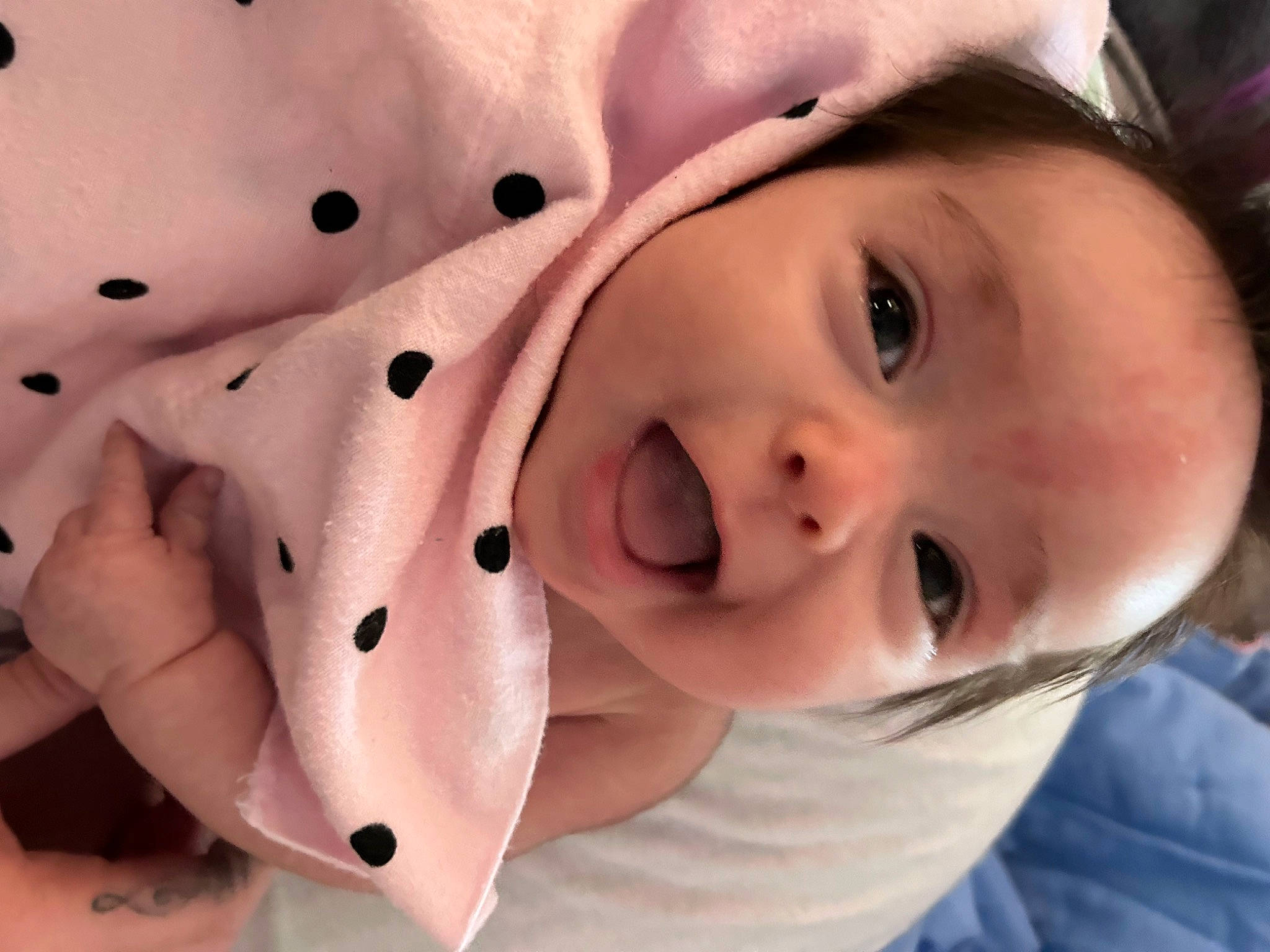 Mia is registered to the contest to win money with this photo: baby, cheek, chin, eye, eyebrow, eyelash, face, fun, happy, hat, head, headgear, iris, lip, mouth, nose, person, skin, smile, toddler