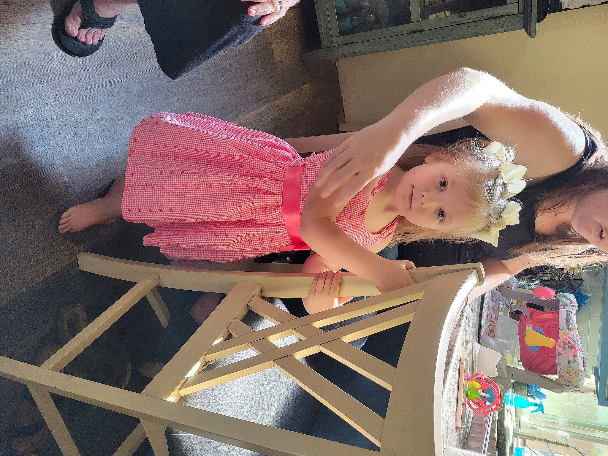 Amelia joined the competition — help win amazing prizes! baby, child, comfort, dress, elbow, foot, fun, happy, human_leg, leg, leisure, magenta, peach, person, pink, room, sandal, textile, thigh, waist