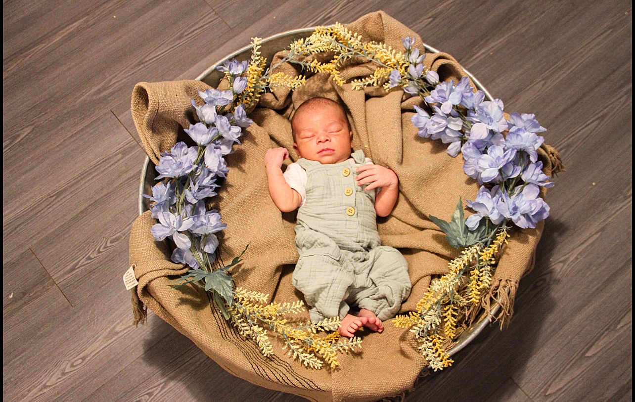 Jayden is registered to the contest to win money with this photo: newborn, baby, basket, flowers, purple_flowers, yellow_flowers, brown_cloth, wooden_floor, sleeping, infant, cozy, resting, indoors, cute, peaceful, small, portrait, decor, soft_lighting, natural_colors
