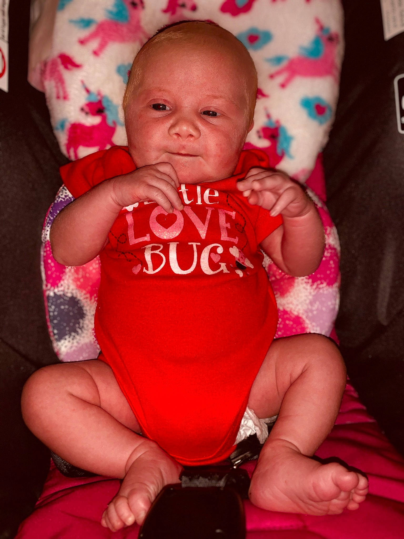 Dawsyn joined the competition — help win amazing prizes! baby, birth, car_seat, cheek, child, cool, eye, face, family, fun, happy, head, leg, person, pink, product, red, sitting, skin, smile