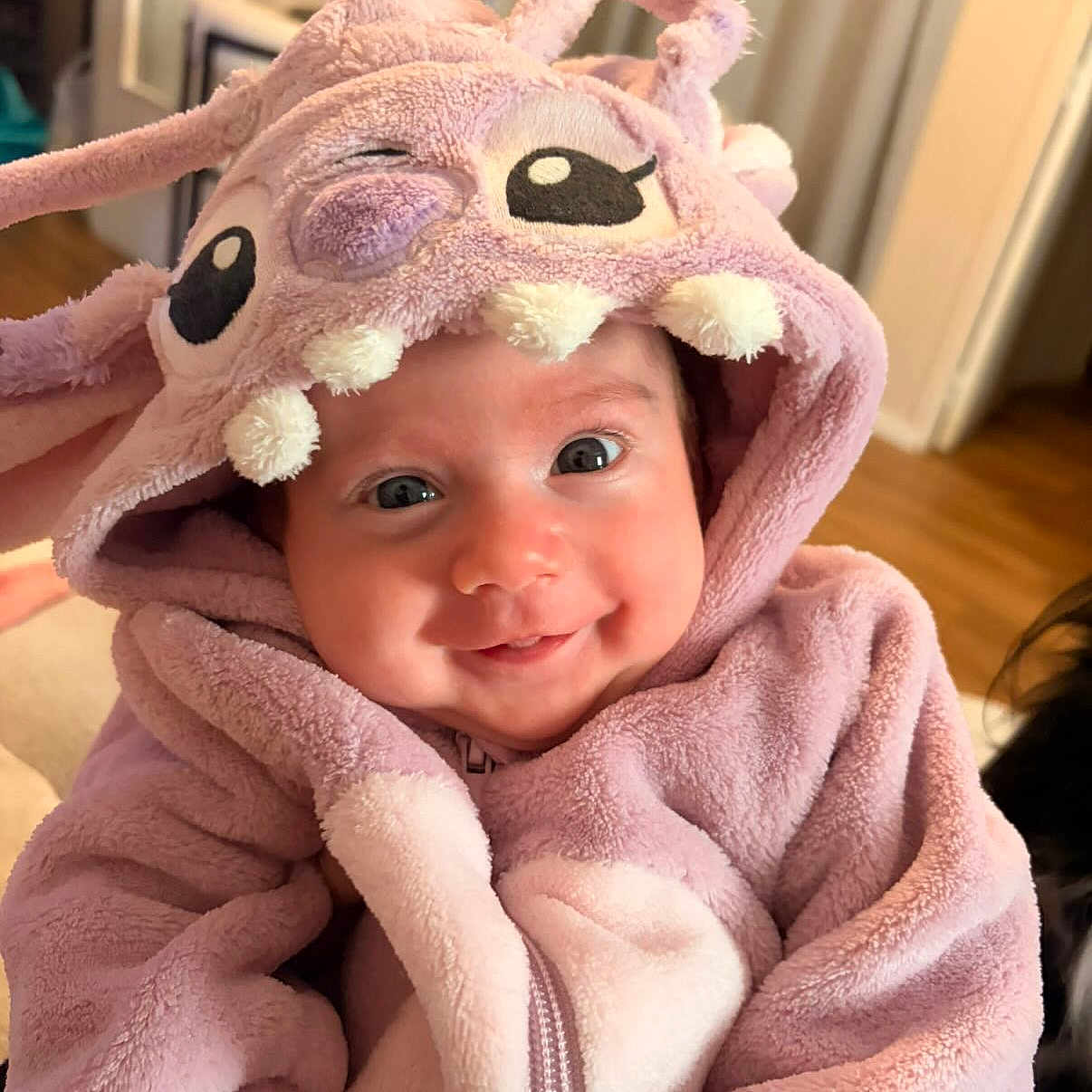 Isadora participe au concours pour gagner de l'argent avec cette photo : baby, babywearing, child, clothing, costume, cute, eyes, face, happy, hood, indoor, infant, person, plush, portrait, purple, smiling, soft, teeth, warm