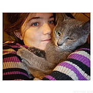 Apache participe au concours pour gagner de l'argent avec cette photo : animal, black, blue_eyes, brown_hair, cat, closeup, cozy, expression, face, feline, gray_cat, indoor, paw, person, pet, purple, snuggling, striped_sweater, warm_light, white
