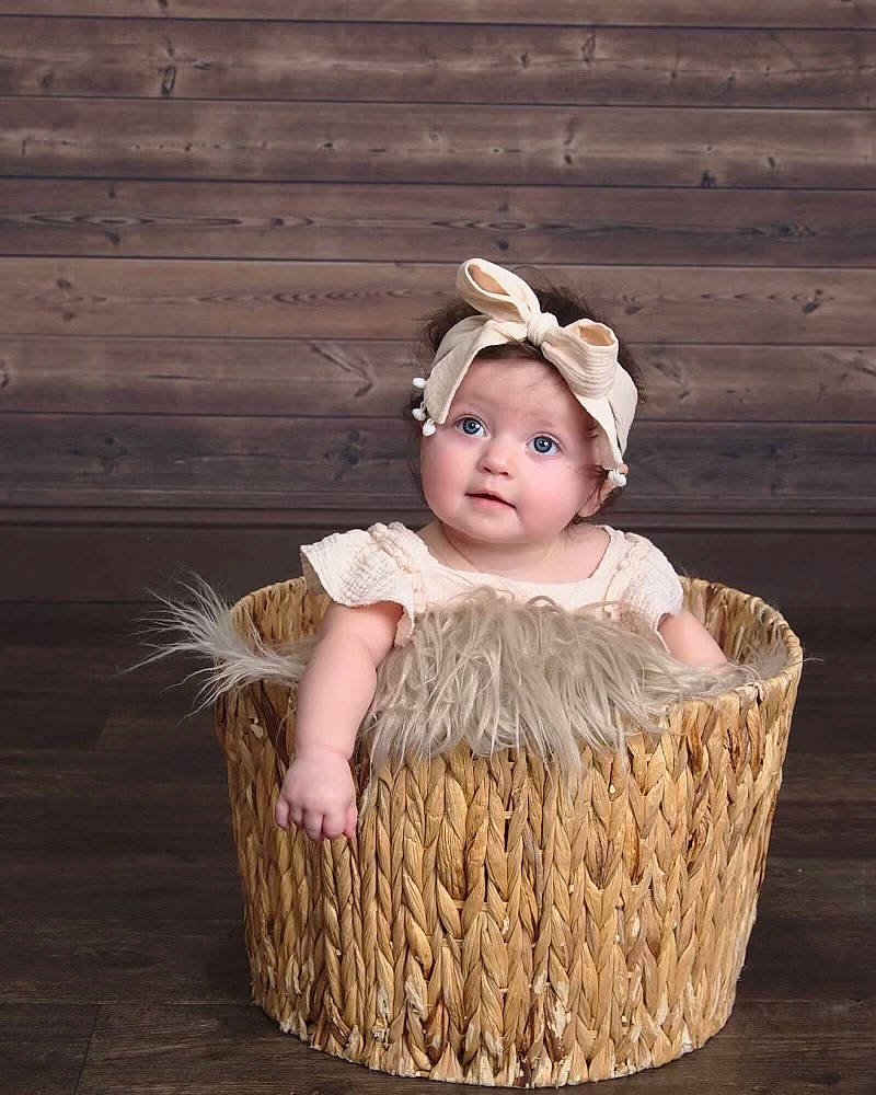 Allison joined the competition — help win amazing prizes! baby, baby_toddler_clothing, basket, child, costume_hat, embellishment, fashion_accessory, flash_photography, grass, hair_accessory, happy, hardwood, headband, headgear, headpiece, headwear, peach, person, sitting, smile