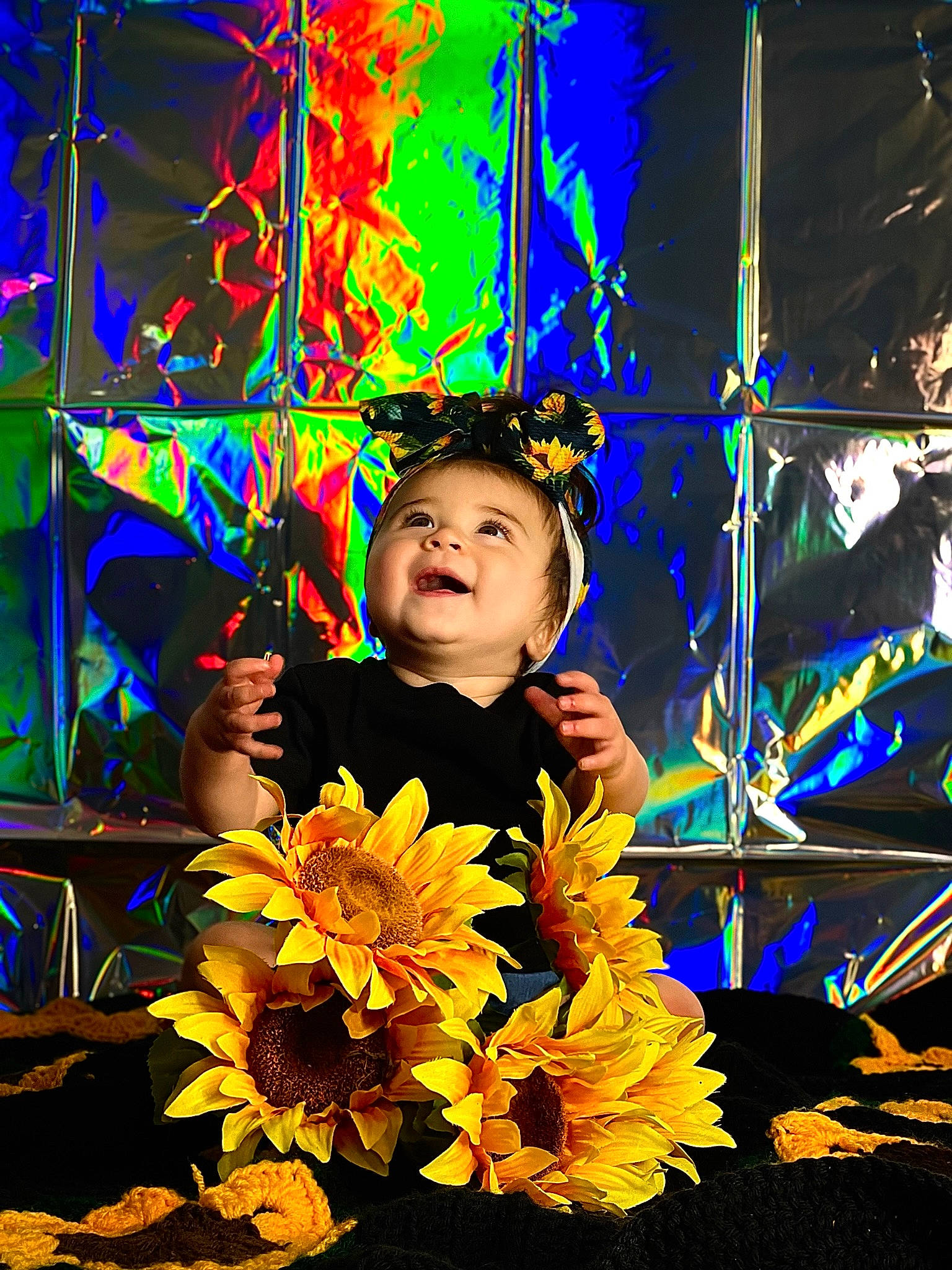 Juliana joined the competition — help win amazing prizes! annual_plant, art, darkness, deciduous, electric_blue, event, floral_design, flower, flowering_plant, fun, happy, nature, night, people_in_nature, person, petal, plant, sunflower, toddler, visual_arts