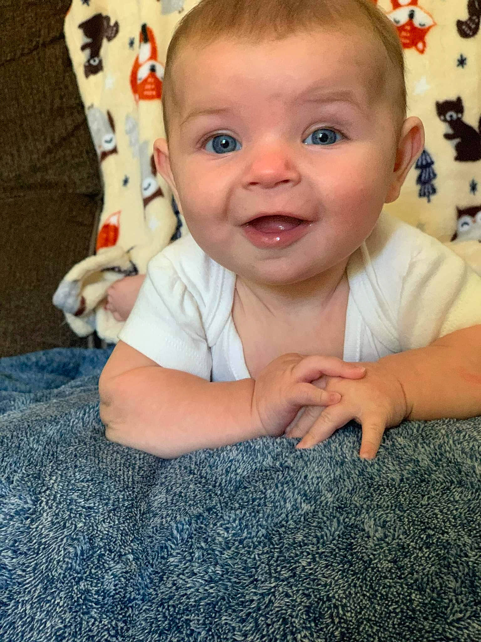 Evelynn joined the competition — help win amazing prizes! baby, baby_toddler_clothing, blue, cheek, comfort, eye, eyebrow, face, finger, flooring, gesture, happy, head, iris, mouth, nose, person, skin, sleeve, smile