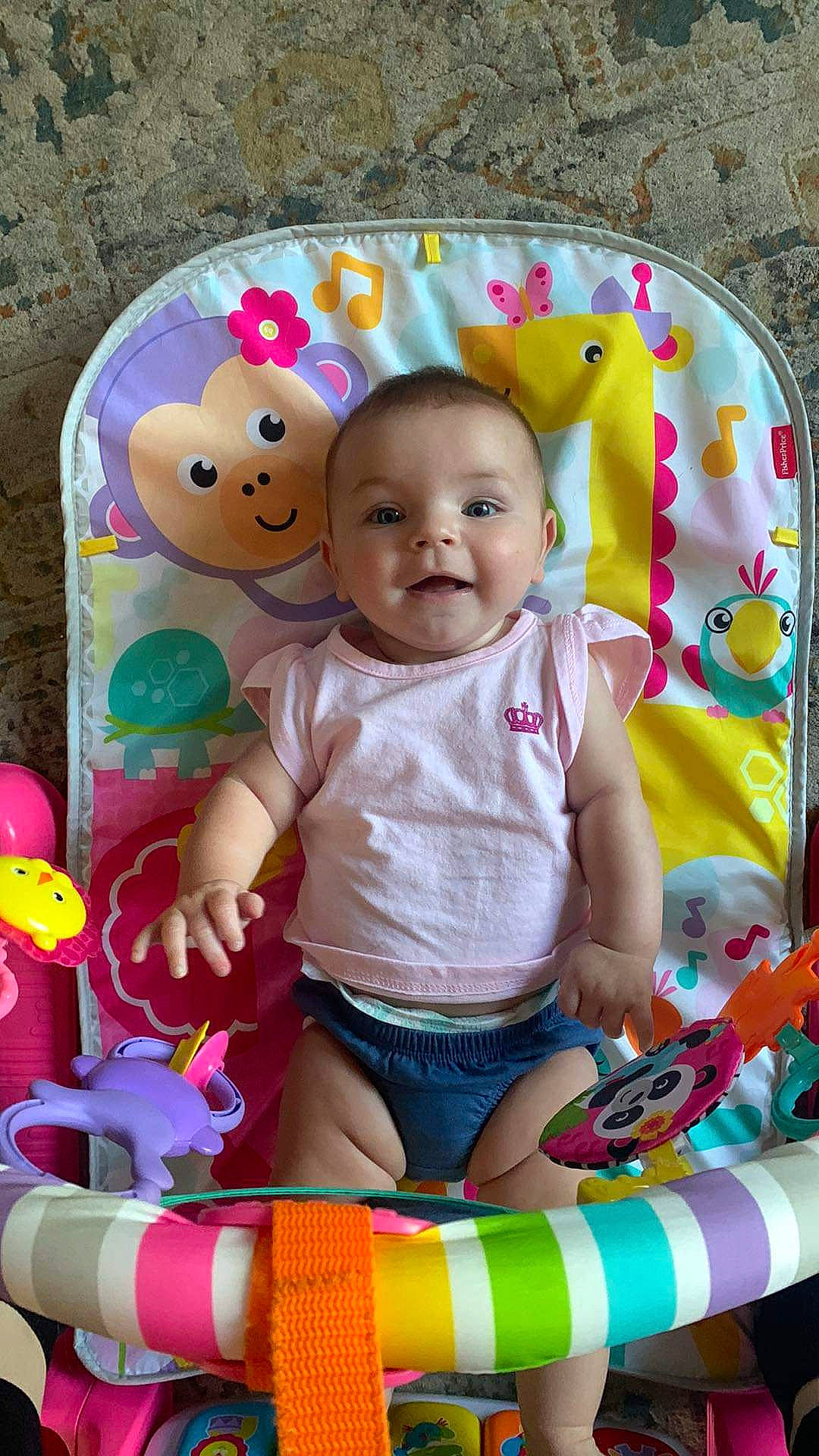 Evelynn joined the competition — help win amazing prizes! baby, baby_products, baby_toddler_clothing, cheek, child, clothing, eye, facial_expression, fun, happy, head, person, pink, product, skin, sleeve, smile, textile, toddler, white