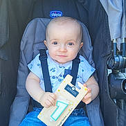 Soan participe au concours pour gagner de l'argent avec cette photo : baby, child, stroller, seatbelt, blue_jeans, white_shirt, face, hand, number_1_candle, package, smile, sitting, outdoor, sunlight, cute, infant, closeup, birthday, festive, person