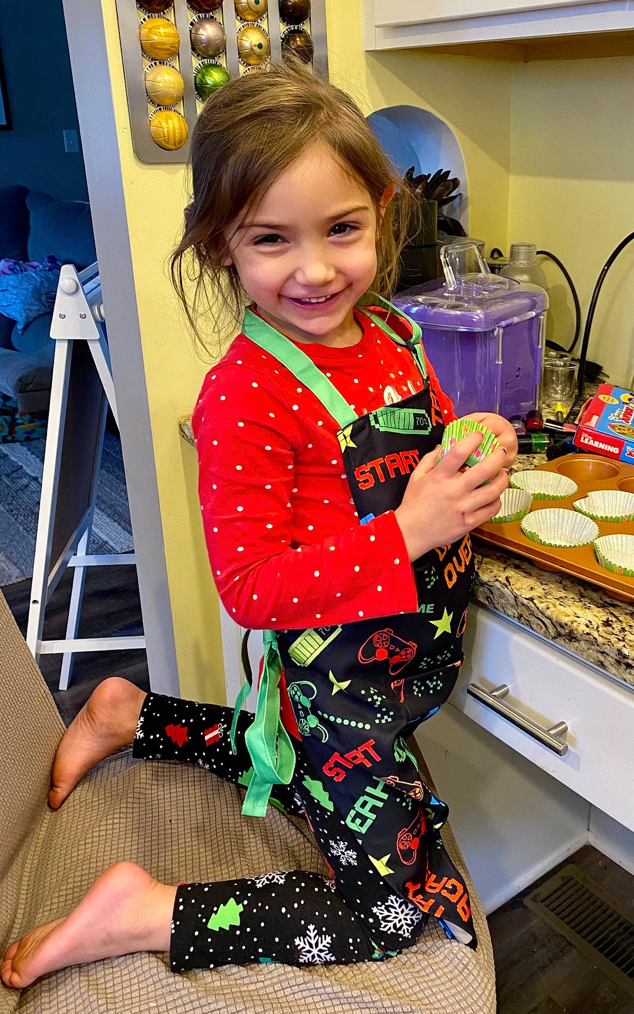 Sayge joined the competition — help win amazing prizes! chair, child, countertop, customer, fashion_design, fun, hair, happy, human_leg, joy, knee, pattern, person, retail, room, sitting, sleeve, smile, sock, thigh