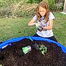 child, girl, planting, gardening, seedlings, soil, blue_pool, trowel, outdoor, grass, greenery, nature, plant, summer, casual_clothing, short_sleeves, young_person, concentration, hobby, activity