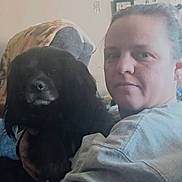 Bear joined the competition — help win amazing prizes! woman, dog, indoor, pet, black_dog, portrait, home, furniture, person, face, animal, casual, holding, blurred_background, sitting, light, relaxed, cozy, domestic, companion