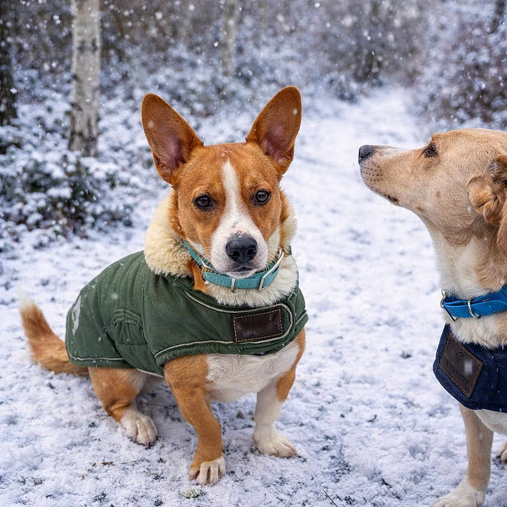Timon a rejoint le concours — aidez-le/la à gagner de superbes lots ! dog, dogs, snow, winter, forest, outdoors, animal, pet, canine, jacket, clothing, collar, blue_collar, green_coat, standing, sitting, portrait, snowfall, trees, nature