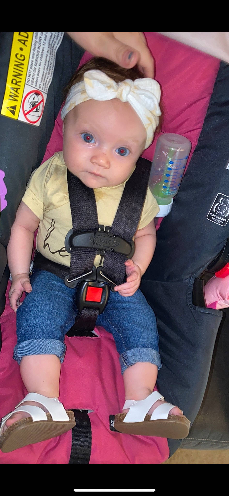 Emerlynn joined the competition — help win amazing prizes! baby, baby_carriage, baby_products, baby_toddler_clothing, cheek, child, fashion_accessory, headwear, knee, lap, person, pink, plastic, product, sitting, skin, sock, strap, toddler, toy