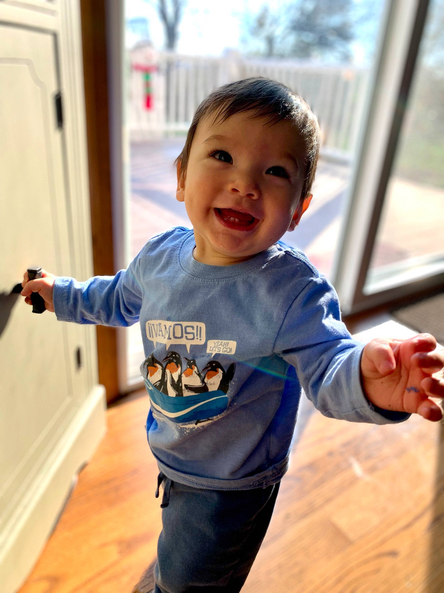 Lincoln joined the competition — help win amazing prizes! baby, baby_toddler_clothing, child, door, flooring, fun, happy, hardwood, jeans, joint, leisure, person, shoulder, skin, sleeve, smile, standing, t_shirt, toddler, waist