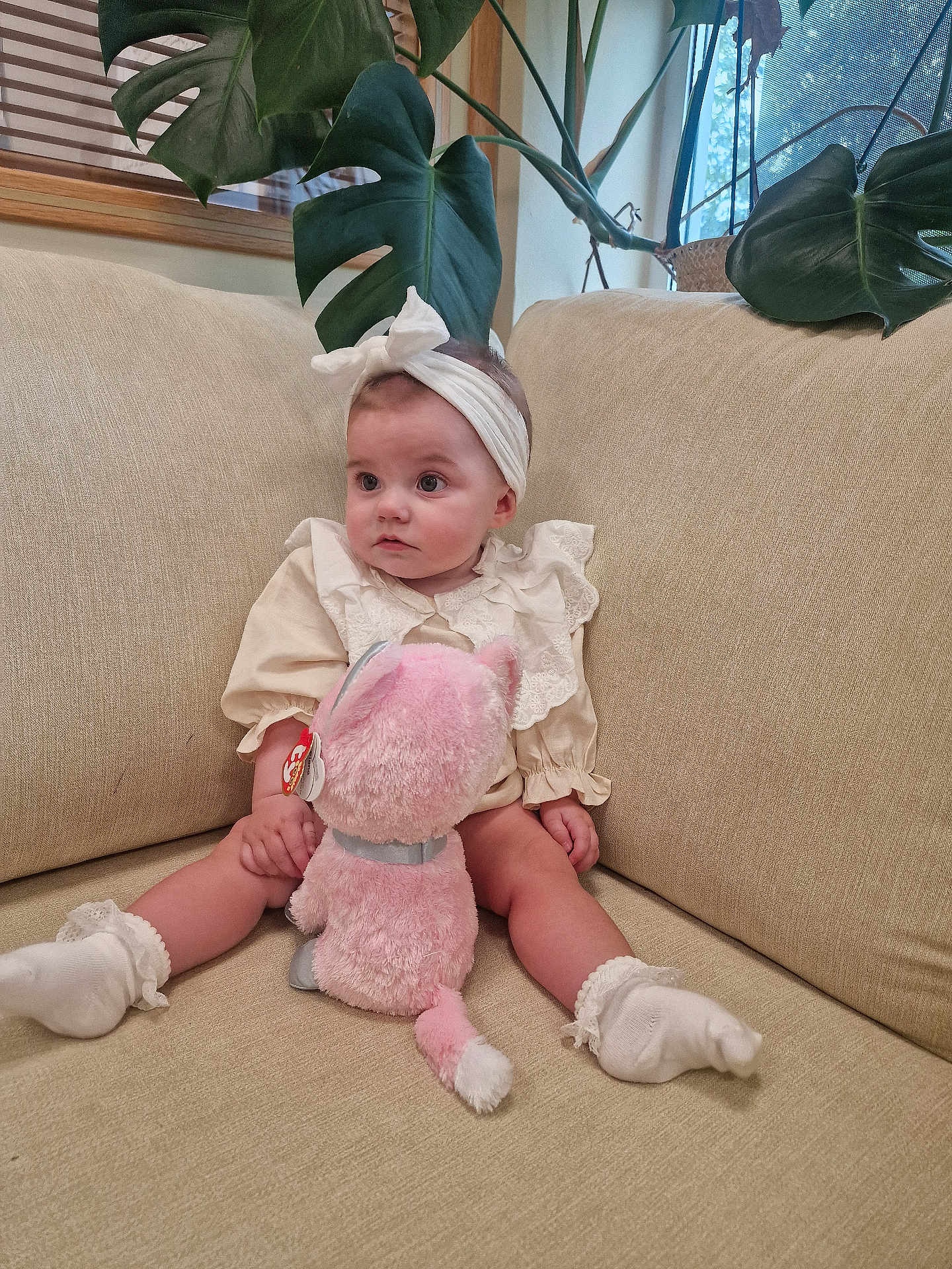 Marnie is registered to the contest to win money with this photo: baby, child, infant, stuffed_animal, plush_toy, couch, sofa, headband, socks, plant, leaves, indoor, cute, seated, clothing, soft_toy, home, portrait, young_child, furniture