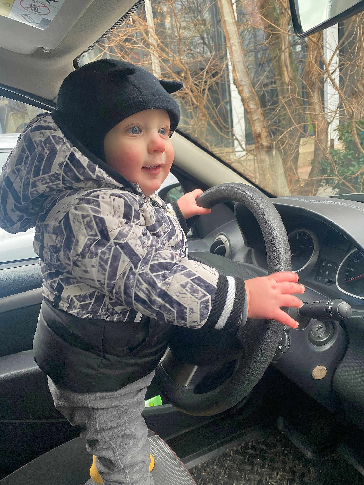 Thibaut participe au concours pour gagner de l'argent avec cette photo : toddler, child, car_interior, steering_wheel, winter_clothing, hat, jacket, gray_pants, curious, blue_eyes, hand_on_wheel, car_seat, dashboard, window, trees, daylight, indoors, seat_belt, cute, playful