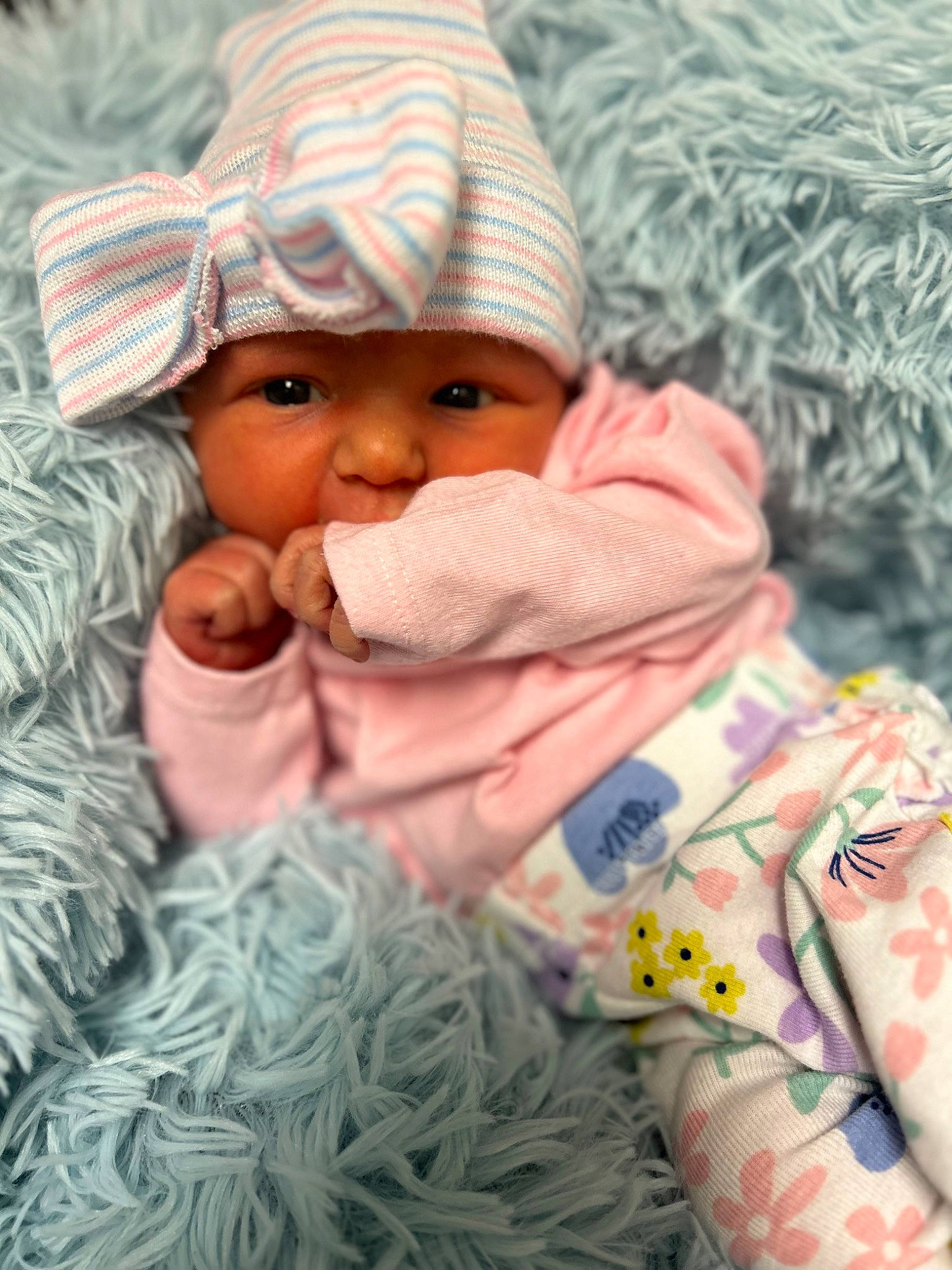 Louella joined the competition — help win amazing prizes! baby, baby_toddler_clothing, cap, cheek, child, comfort, eye, face, hand, head, headgear, headwear, linens, lip, nose, outerwear, person, pink, skin, sleeve