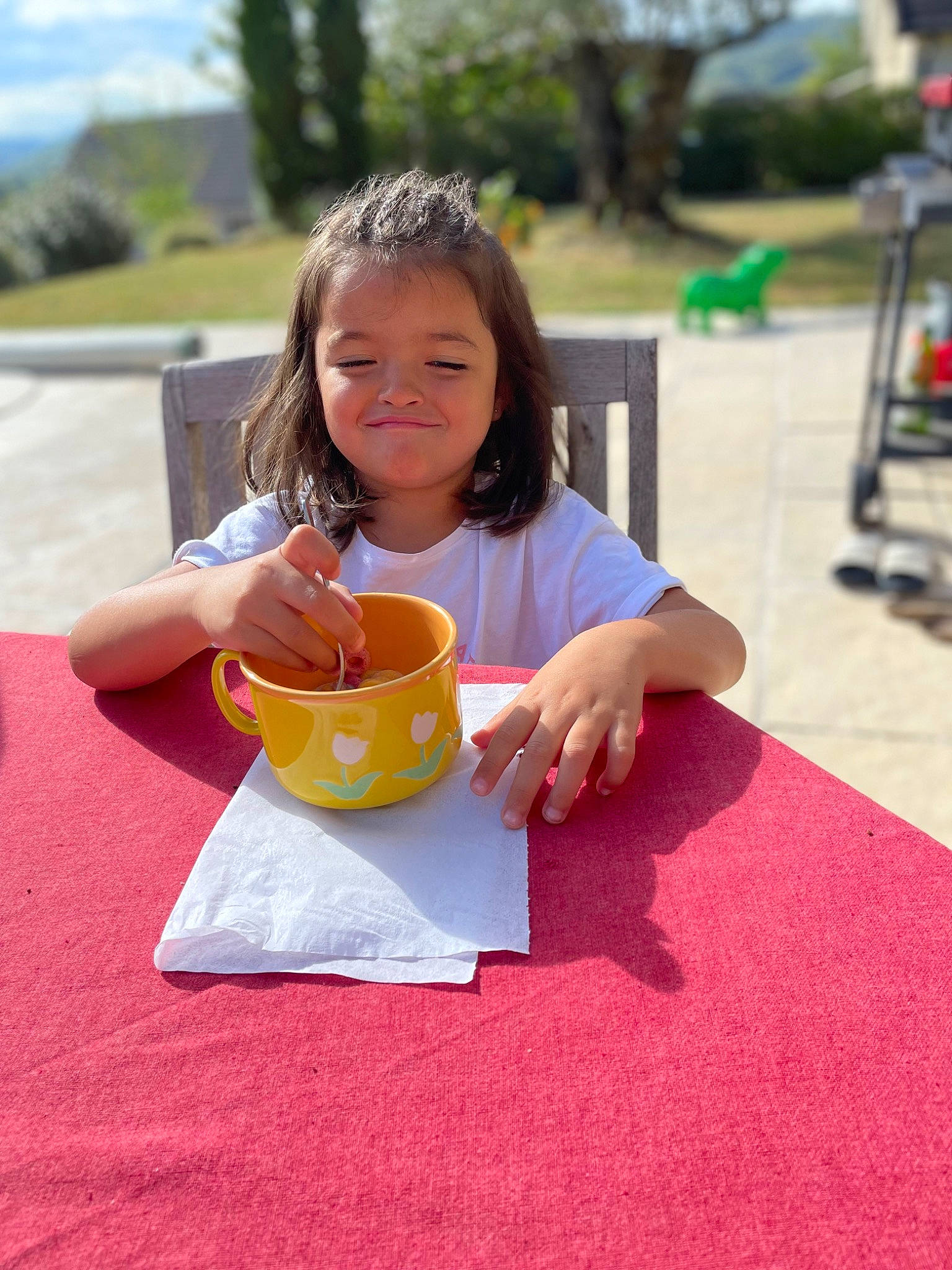 Aïcha participe au concours pour gagner de l'argent avec cette photo : baby, child, event, fun, grass, happy, joy, leisure, person, plant, plate, play, recreation, sitting, sky, smile, summer, t_shirt, table, tableware