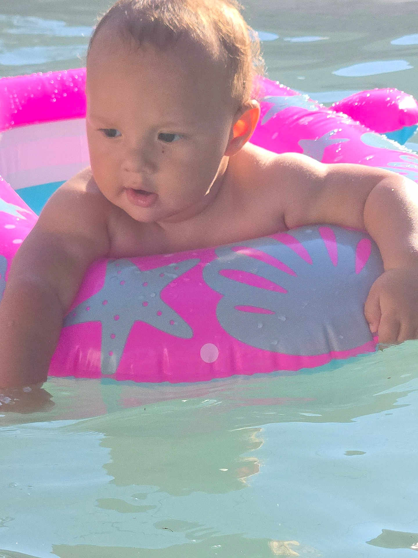 Xander is registered to the contest to win money with this photo: baby, child, inflatable_ring, pool, water, pink, starfish, seashell, summer, swimming, toddler, sunlight, outdoor, cute, play, fun, skin, arm, face, expression