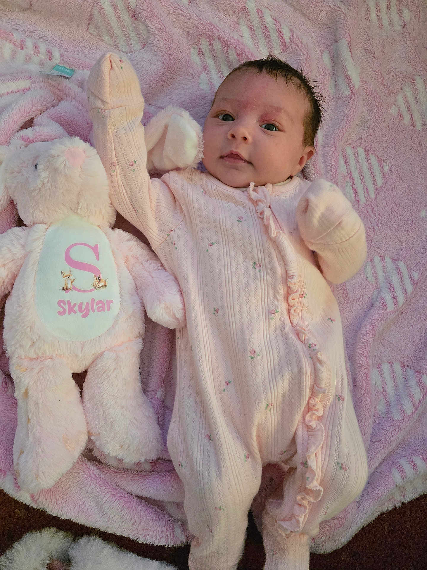 Skylar is registered to the contest to win money with this photo: baby, infant, pink_onesie, plush_toy, bunny, blanket, soft_texture, cute, lying_down, young_child, face, person, child, indoor, comfort, sleepwear, toy, pink, newborn, cozy