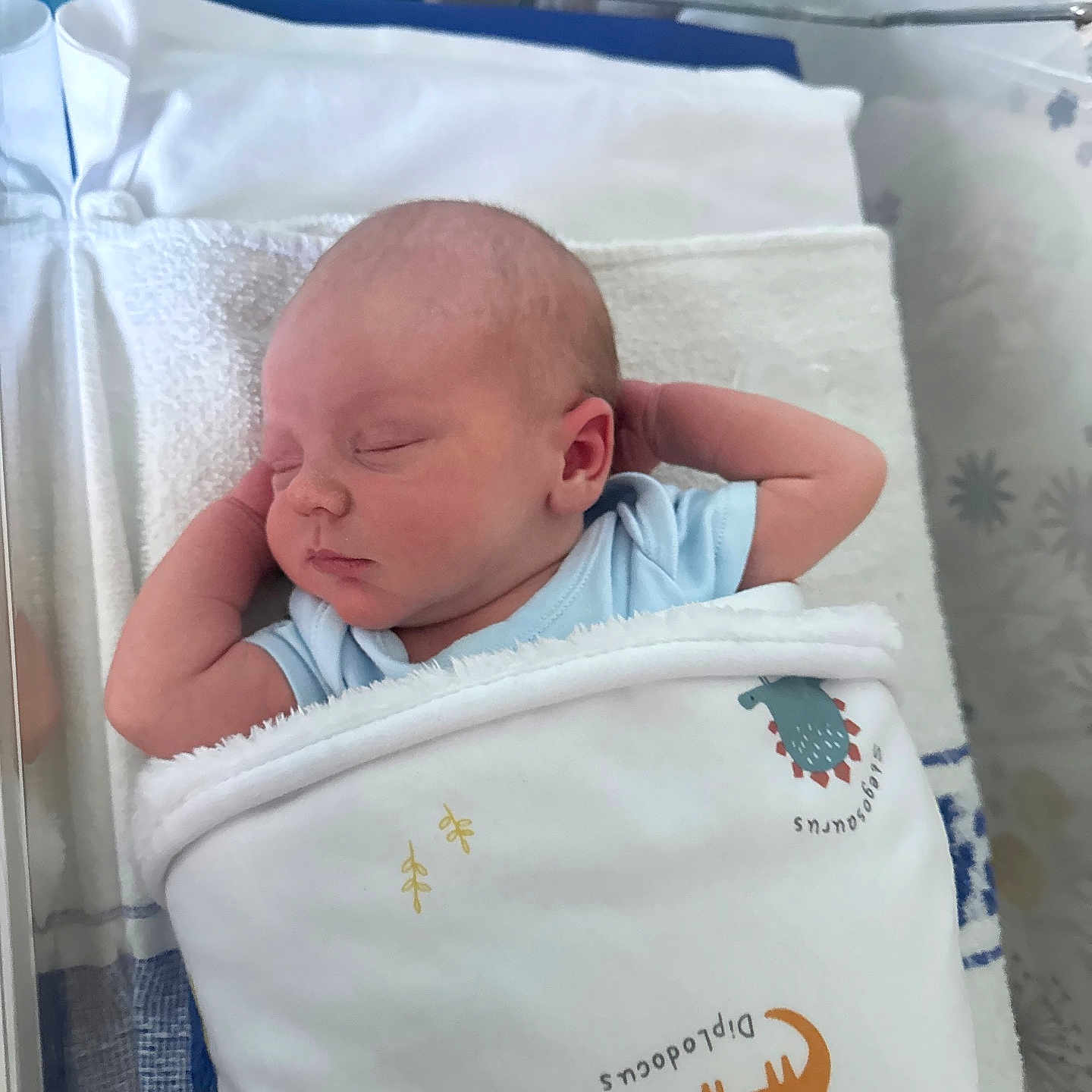 Noah is registered to the contest to win money with this photo: arm, baby, bassinet, blanket, blue_clothing, child, cute, dinosaur, face, head, hospital, indoors, infant, newborn, peaceful, resting, sleeping, soft, swaddled, toddler