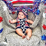 Larkyn joined the competition — help win amazing prizes! baby, infant, cow_print, hat, blanket, star_decoration, american_flag, red_white_blue, garland, cute, smiling, portrait, indoors, festive, decor, chubby_cheeks, comfortable, clothing, celebration, person