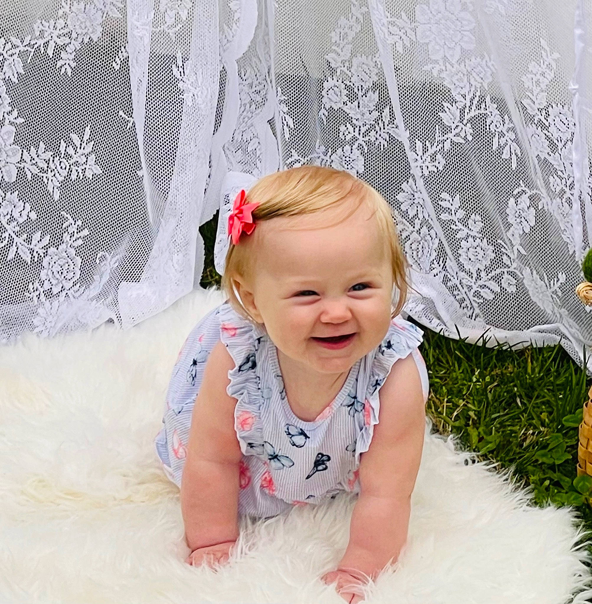 Kabryn joined the competition — help win amazing prizes! baby, baby_laughing, baby_toddler_clothing, child, face, fun, grass, happy, headgear, linens, pattern, people_in_nature, person, photograph, pink, product, sleeve, smile, textile, toddler