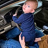baby, child, car, steering_wheel, blue_clothing, adult, jeans, brown_shirt, interior, vehicle, seat, dashboard, curious, grip, hands, person, window, nature, forest, candid