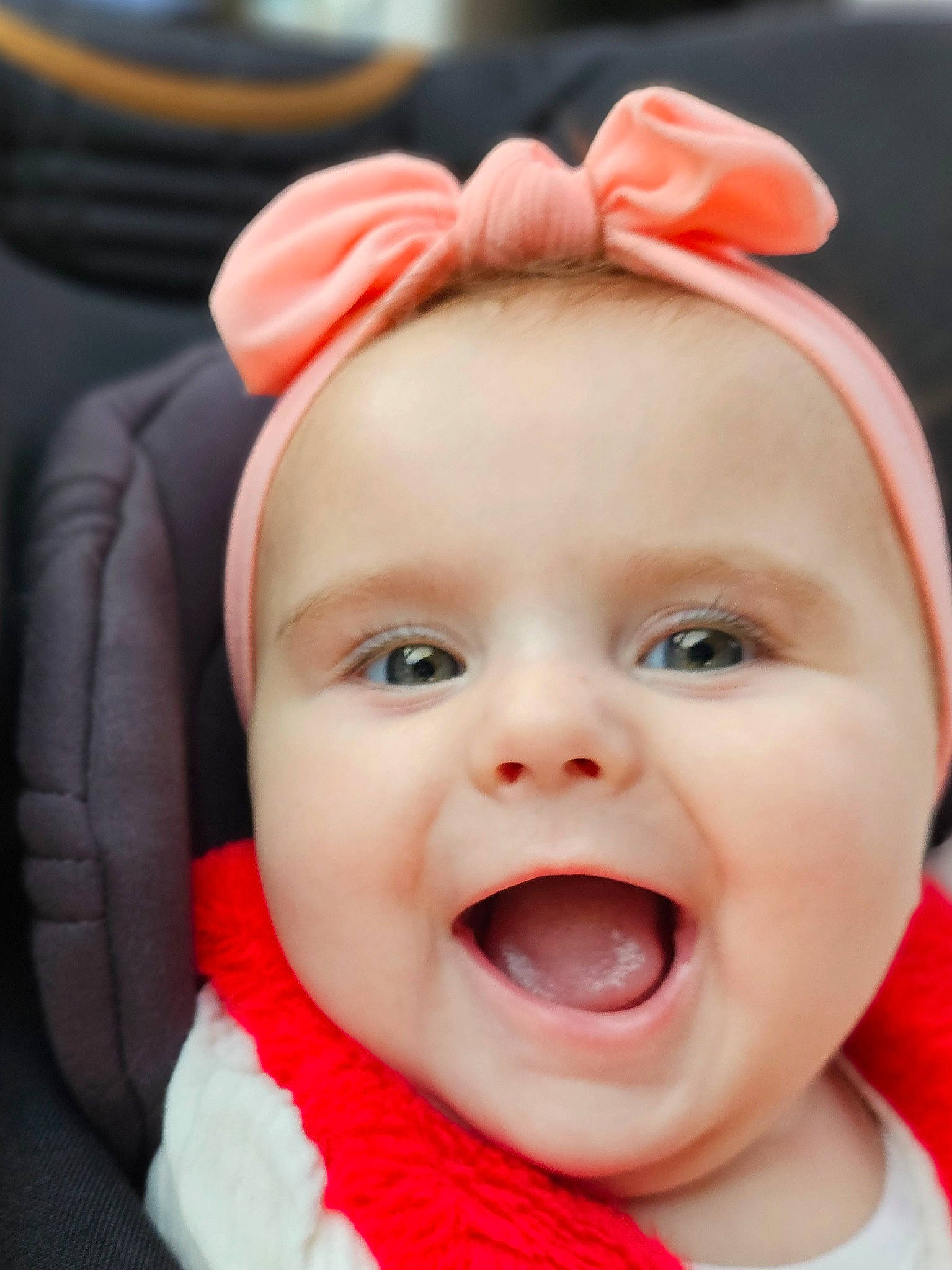 Ruby participe au concours pour gagner de l'argent avec cette photo : baby, cheek, child, chin, eyebrow, eyelash, face, gesture, happy, headwear, joy, lip, mouth, nose, outerwear, person, pink, red, skin, smile
