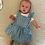 Esme is registered to the contest to win money with this photo: baby, infant, denim_dress, blue_dress, ruffles, lying_down, blanket, textured_blanket, curious_expression, cute, child, small_hands, small_feet, indoor, soft_lighting, portrait, clothing, white_shirt, baby_face, skin