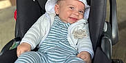 Yoan is registered to the contest to win money with this photo: baby, black, car_seat, child, closeup, clothing, comfort, cute, happy, hooded_jacket, indoor, infant, infant_clothing, pacifier, person, safety_warning, seat_belt, smile, striped_onesie, young_child