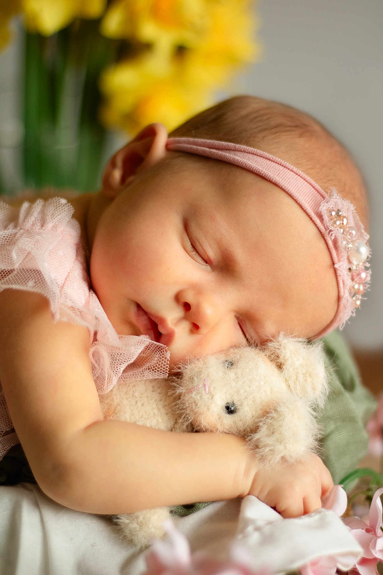 Eilidh is registered to the contest to win money with this photo: baby, sleeping, headband, pink_clothing, stuffed_animal, bunny, cuddling, soft_focus, flowers, pastel_colors, peaceful, child, portrait, close_up, adorable, infant, cute, tender, resting, soft_texture