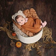 Téora participe au concours pour gagner de l'argent avec cette photo : baby, newborn, infant, wrapped, hat, bear_ears, basket, blanket, brown_cloth, wooden_floor, autumn, pumpkin, pinecone, decor, cozy, portrait, cute, small_feet, indoor, soft_lighting