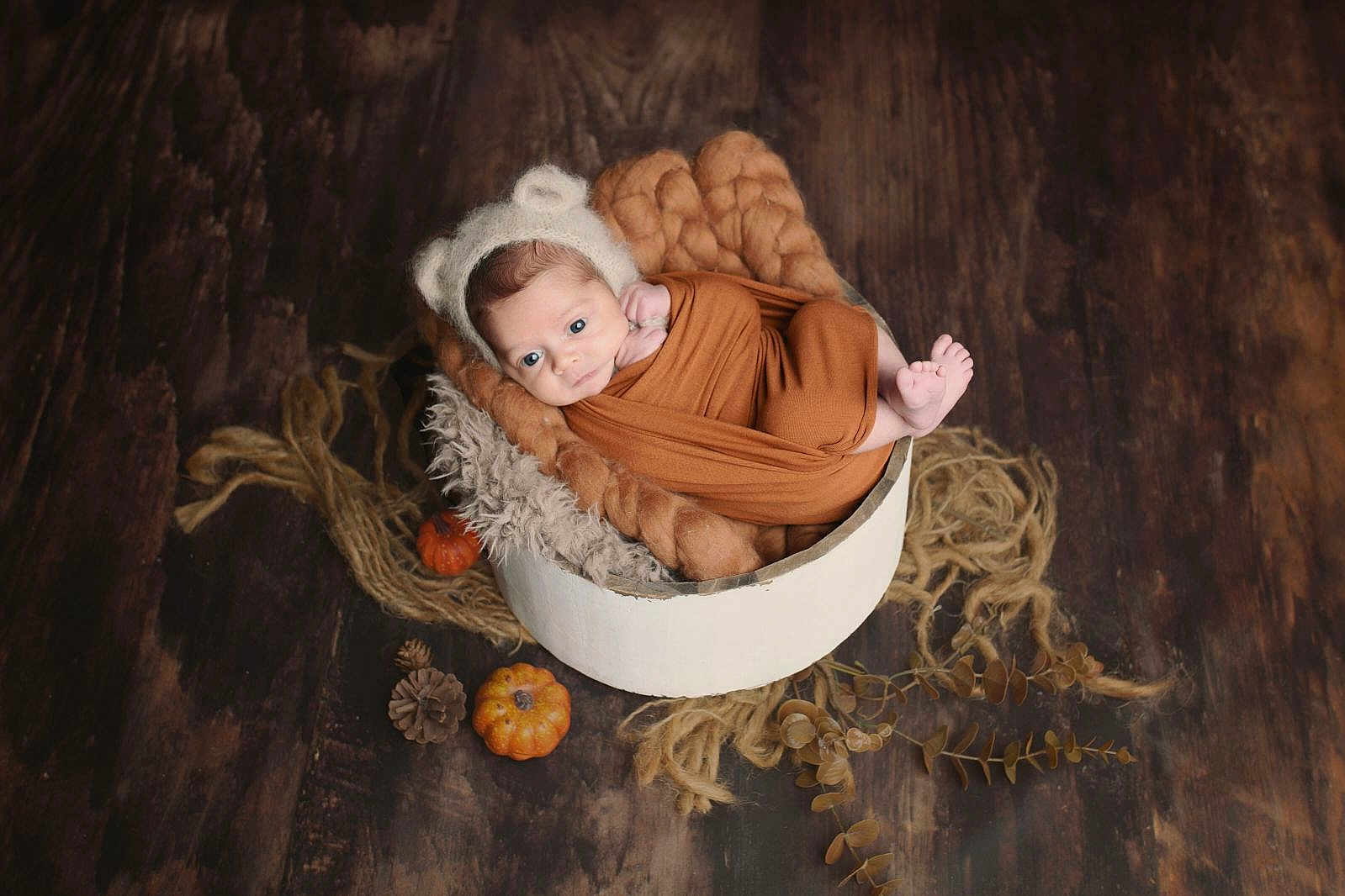 Téora participe au concours pour gagner de l'argent avec cette photo : baby, newborn, infant, wrapped, hat, bear_ears, basket, blanket, brown_cloth, wooden_floor, autumn, pumpkin, pinecone, decor, cozy, portrait, cute, small_feet, indoor, soft_lighting