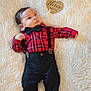 Kairann joined the competition — help win amazing prizes! baby, infant, boy, plaid_shirt, bow_tie, suspenders, black_pants, fluffy_blanket, wooden_sign, three_months, cute, portrait, lying_down, indoors, soft_texture, young_child, fashion, child, adorable, posing