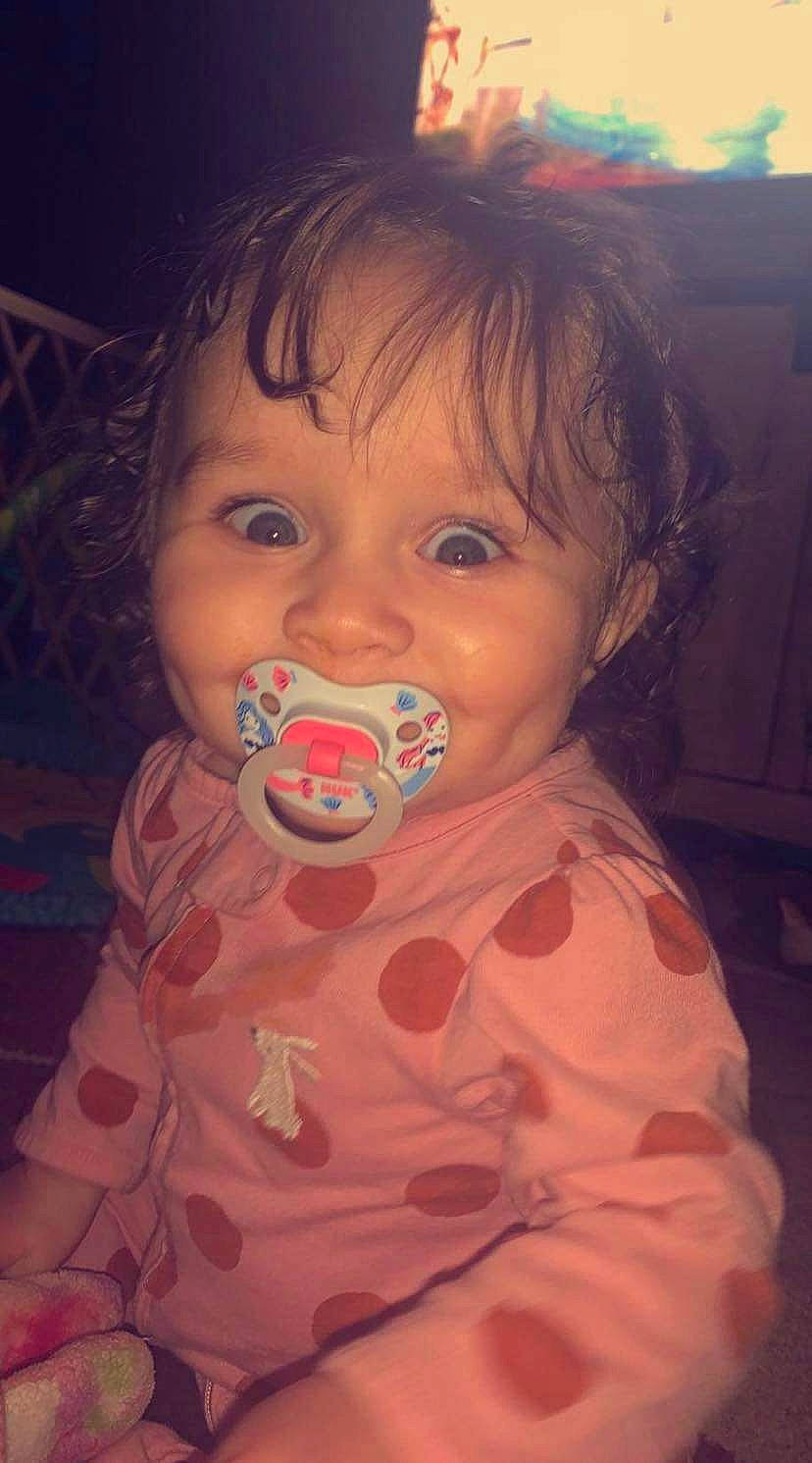 Ou'Rene is registered to the contest to win money with this photo: baby, baby_toddler_clothing, cheek, chin, eyebrow, eyelash, face, fun, happy, human_body, iris, lip, mammal, mouth, nose, person, pink, skin, sleeve, tints_and_shades