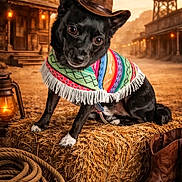 Ozzy joined the competition — help win amazing prizes! animal, black_dog, brown, colorful, costume, cowboy_boots, cowboy_hat, dog, hay_bale, lantern, outdoor, pet, poncho, portrait, rope, rustic, sheriff_badge, sunset, vintage, western