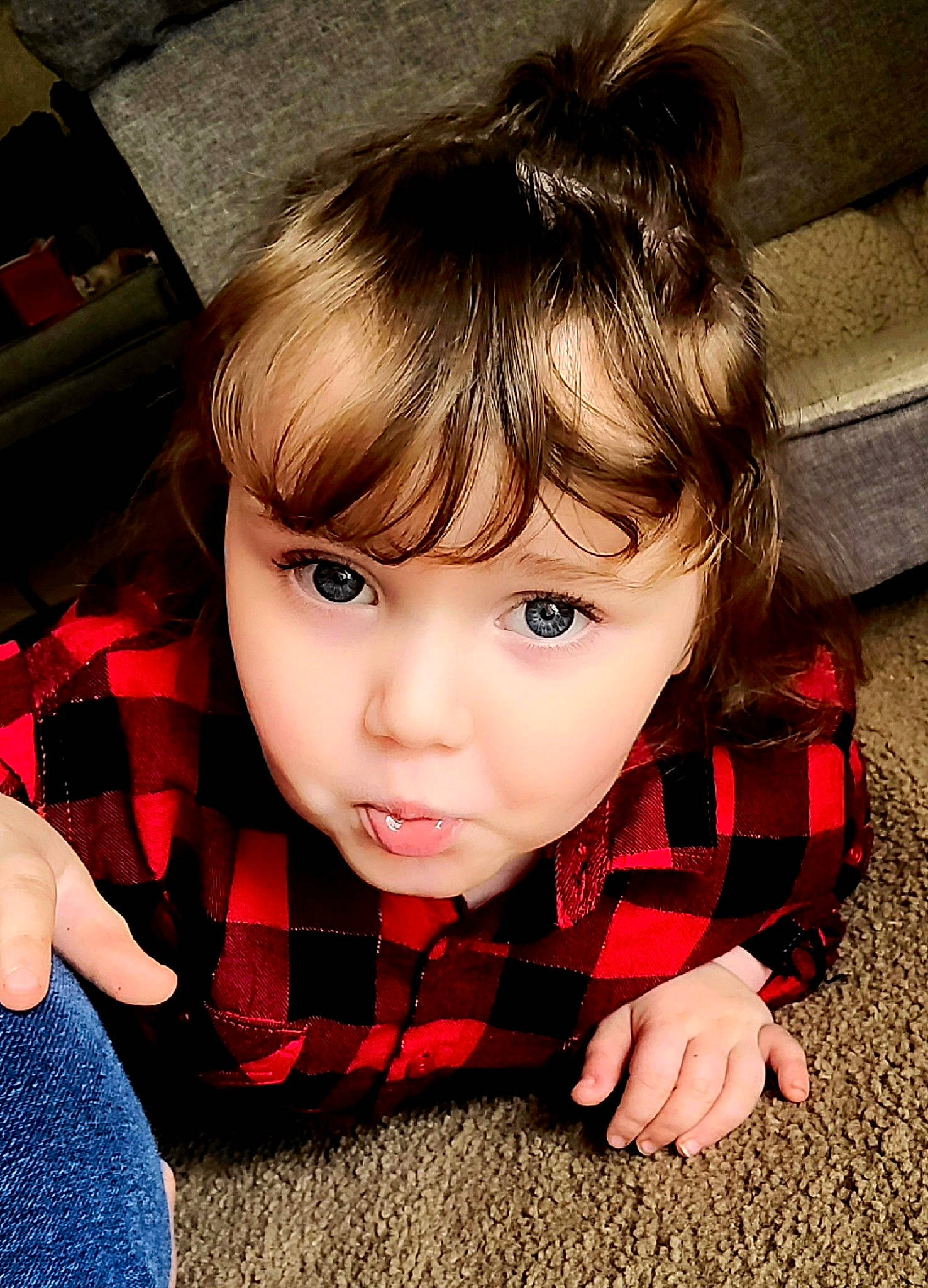 Mckenna joined the competition — help win amazing prizes! arm, cheek, chin, clothing, collar, eyelash, finger, gesture, hand, happy, iris, lip, mouth, neck, nose, organ, person, plaid, skin, sleeve