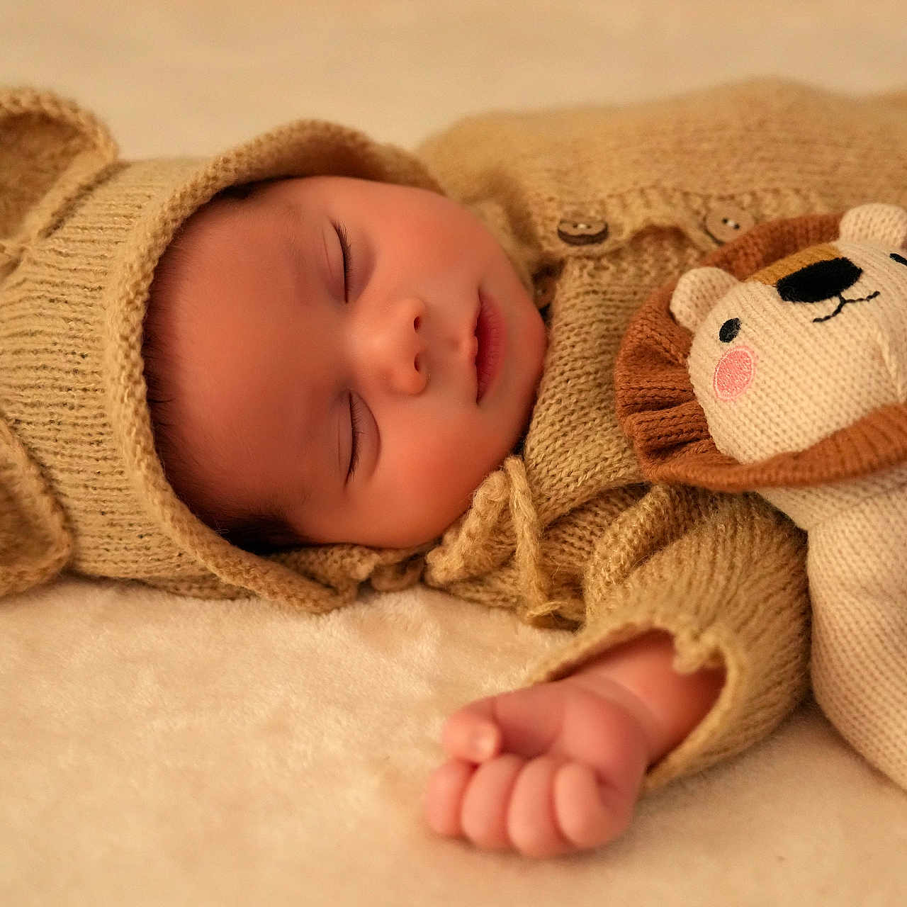 Thiago is registered to the contest to win money with this photo: baby, blanket, child, closeup, cozy, cute, face, hand, indoors, infant, knitted_clothing, knitted_hat, knitting, lion_toy, peaceful, portrait, resting, sleeping, soft_toy, warm_lighting