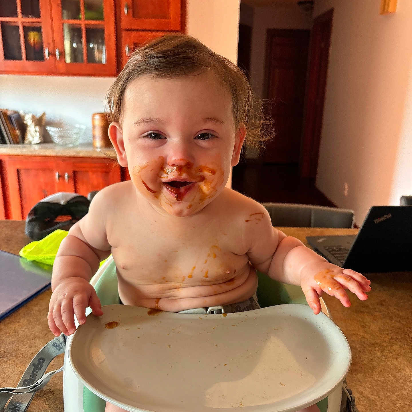 Hudson joined the competition — help win amazing prizes! baby, cabinet, computer, cutlery, dish, eating, electronics, face, food, furniture, head, indoors, lamp, laptop, meal, pc, person, photography, portrait, spoon