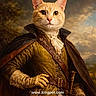 Simba is registered to the contest to win money with this photo: animal_portrait, aristocratic, belt, brown_clothing, cape, cat, costume, dressed_up, feline, gloves, gold_embroidery, historical_clothing, landscape_background, outdoor, painting_style, portrait, regal, vintage_style, website_watermark, whiskers