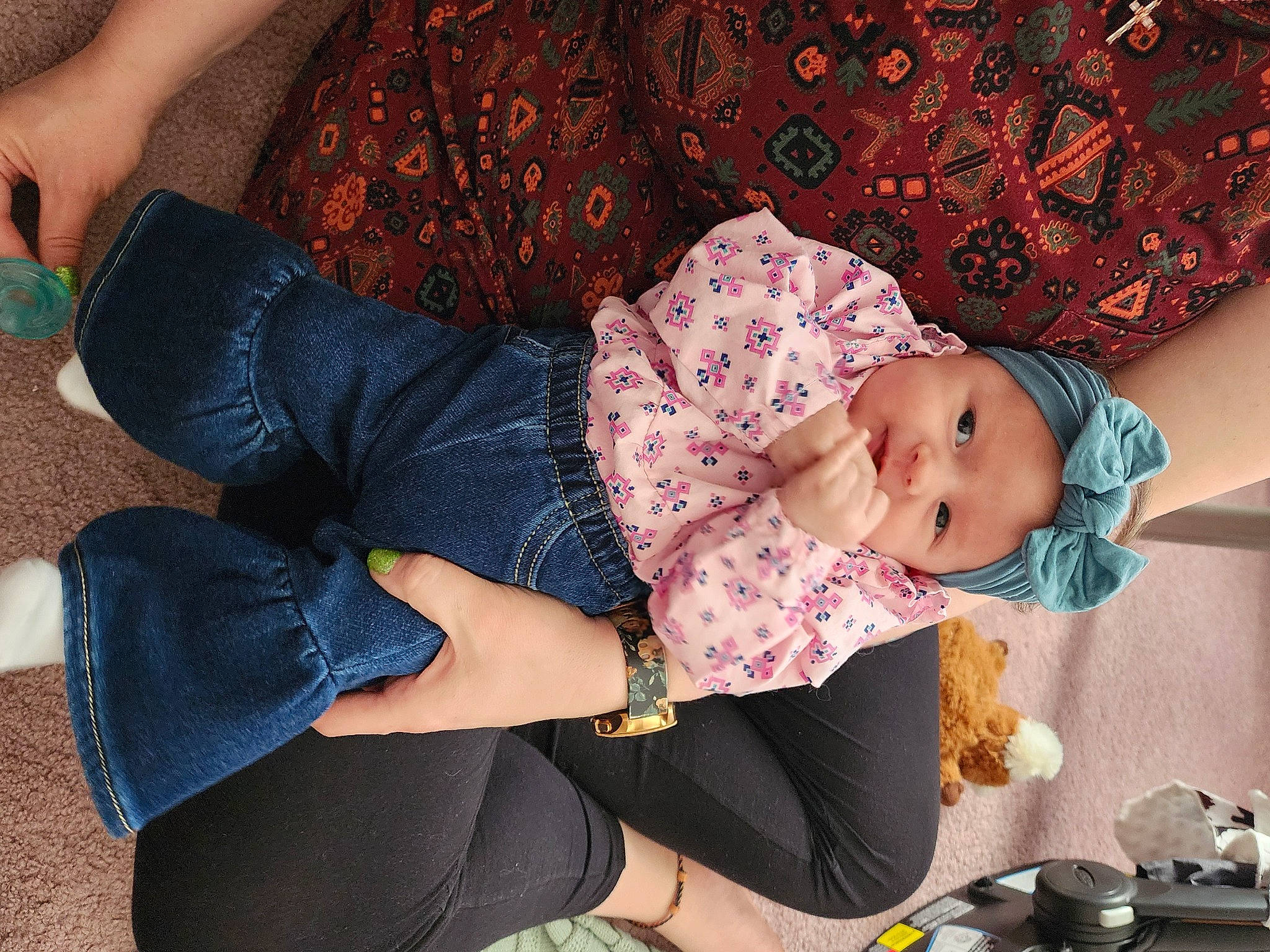 Annabeth joined the competition — help win amazing prizes! baby, baby_toddler_clothing, child, comfort, electric_blue, fashion_accessory, hat, headwear, human_leg, knee, lap, nail, pattern, person, purple, sitting, sleeve, sock, textile, thigh